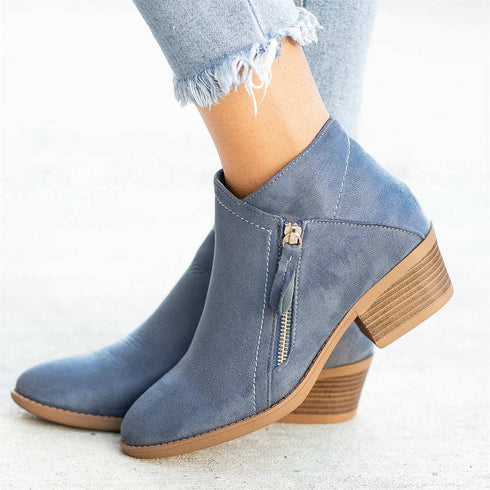 Ankle Boots For Women Low Heels Side Zipper Shoes - ROUTINE FASHION