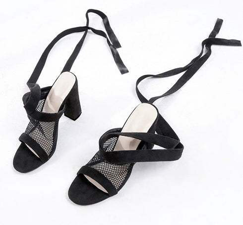 Women Sandals Bandage Flock Cross Strap Lace Up High Heels Sandal - ROUTINE FASHION