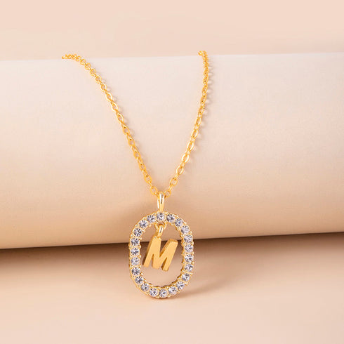 Crystal Letter Necklace Gold Name Initial Alphabet Oval Pendant Necklaces For Women - ROUTINE FASHION