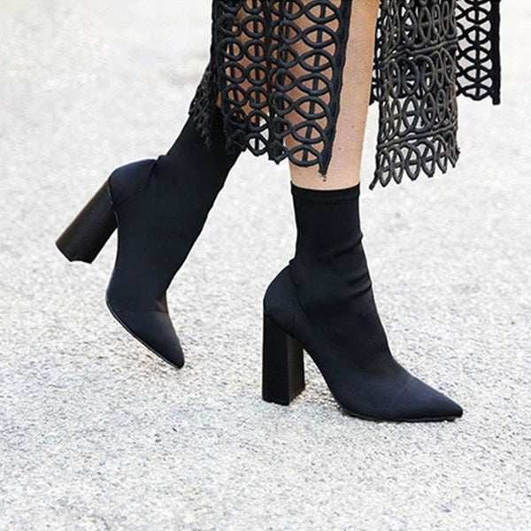 Wool stretch boots women thick heel sock boots ankle boots - ROUTINE FASHION