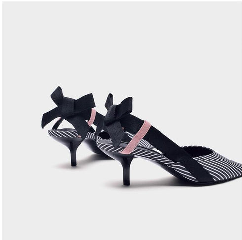Boussac Stripe Kitten Heel Women Mules Pointed Toe Bowtie Women Sandals High Heels Summer Slip on Shoes Women SWC0112 - ROUTINE FASHION