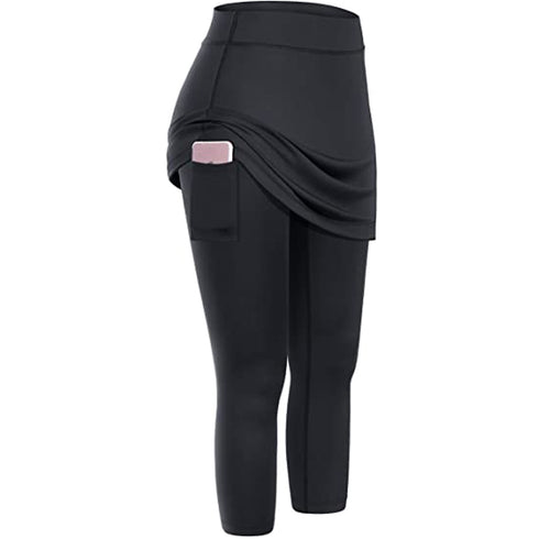 Women Tennis Skirted Leggings Pockets Elastic Sports Yoga Capris Skirts Legging - ROUTINE FASHION