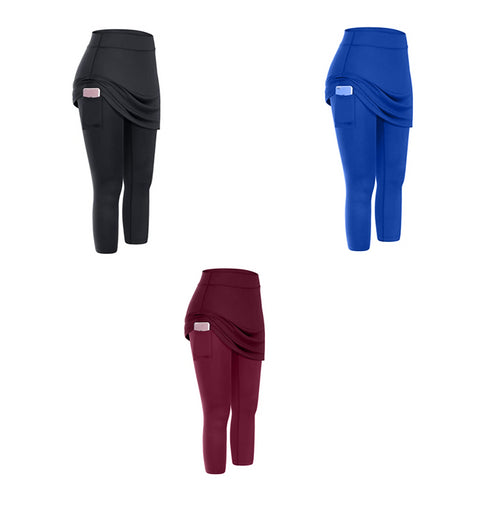 Women Tennis Skirted Leggings Pockets Elastic Sports Yoga Capris Skirts Legging - ROUTINE FASHION