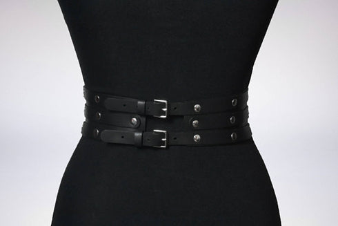 Women Black Leather Waist Belts Sexy Body Harness 3 Layer PU Metal Hoop Patchwork Rivet Belt for Lady - ROUTINE FASHION