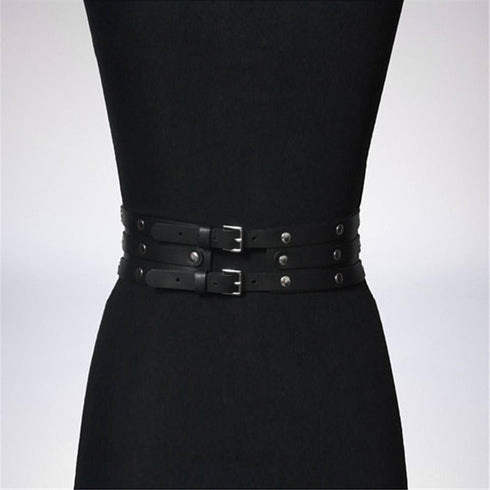 Women Black Leather Waist Belts Sexy Body Harness 3 Layer PU Metal Hoop Patchwork Rivet Belt for Lady - ROUTINE FASHION