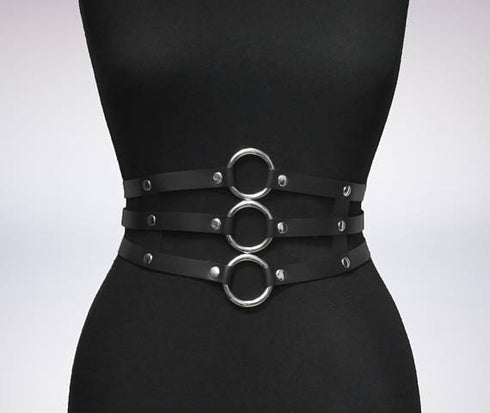 Women Black Leather Waist Belts Sexy Body Harness 3 Layer PU Metal Hoop Patchwork Rivet Belt for Lady - ROUTINE FASHION