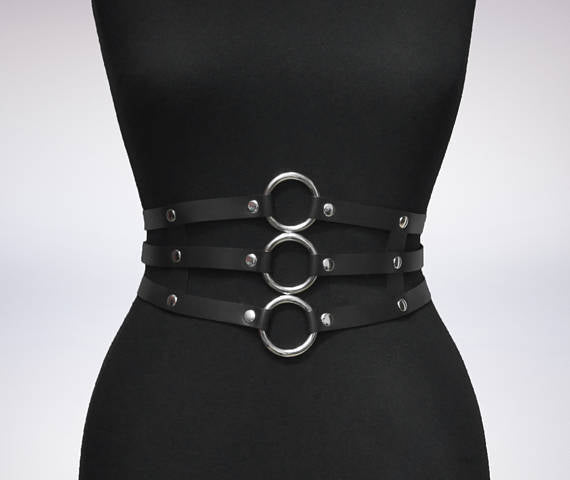 Women Black Leather Waist Belts Sexy Body Harness 3 Layer PU Metal Hoop Patchwork Rivet Belt for Lady - ROUTINE FASHION