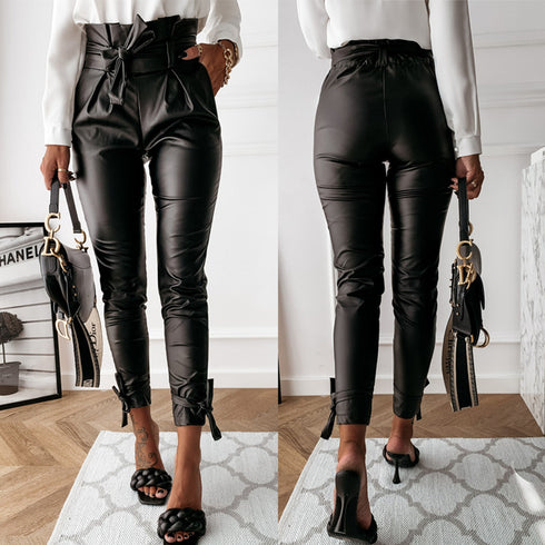 European And American Women Fashion Casual Pu Pants Leather Pants Including Belt - ROUTINE FASHION