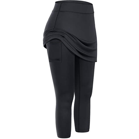 Women Tennis Skirted Leggings Pockets Elastic Sports Yoga Capris Skirts Legging - ROUTINE FASHION