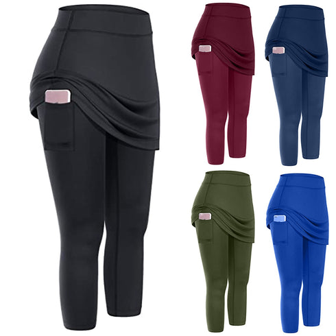 Women Tennis Skirted Leggings Pockets Elastic Sports Yoga Capris Skirts Legging - ROUTINE FASHION