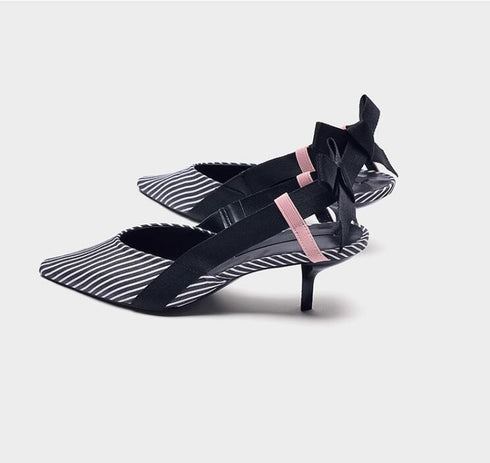 Boussac Stripe Kitten Heel Women Mules Pointed Toe Bowtie Women Sandals High Heels Summer Slip on Shoes Women SWC0112 - ROUTINE FASHION