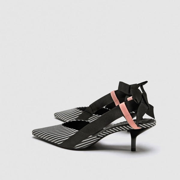 Boussac Stripe Kitten Heel Women Mules Pointed Toe Bowtie Women Sandals High Heels Summer Slip on Shoes Women SWC0112 - ROUTINE FASHION