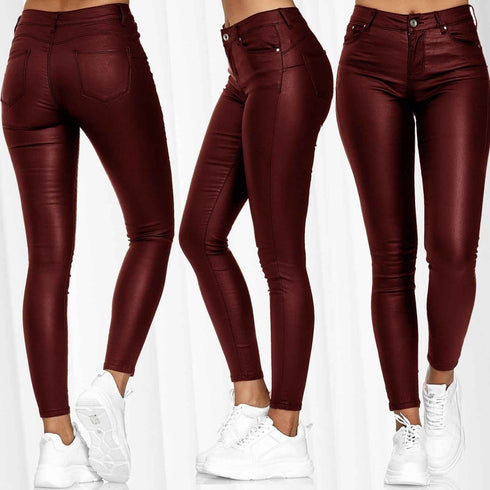 Women's solid color leather casual pants foot pants - ROUTINE FASHION