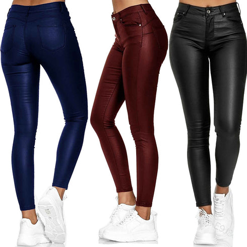 Women's solid color leather casual pants foot pants - ROUTINE FASHION