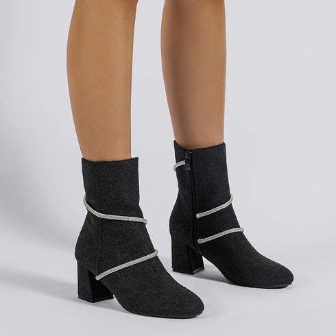 Chunky Mid Heel Boots With Rhinestone Chain Design Shoes For Women - ROUTINE FASHION