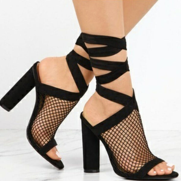 Women Sandals Bandage Flock Cross Strap Lace Up High Heels Sandal - ROUTINE FASHION