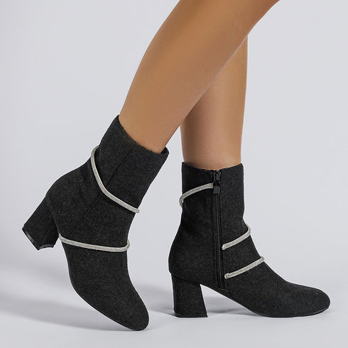 Chunky Mid Heel Boots With Rhinestone Chain Design Shoes For Women - ROUTINE FASHION