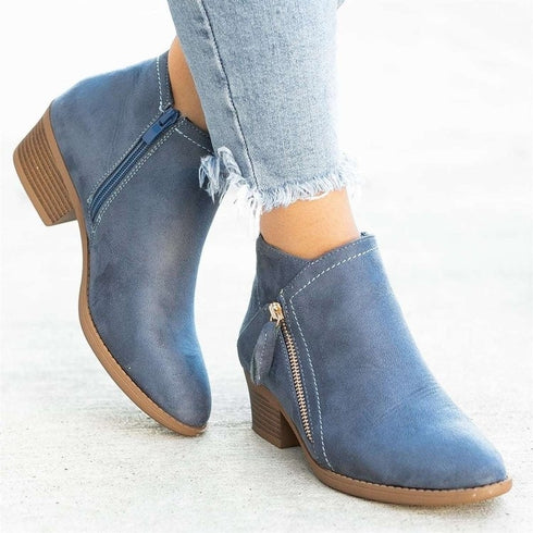 Ankle Boots For Women Low Heels Side Zipper Shoes - ROUTINE FASHION