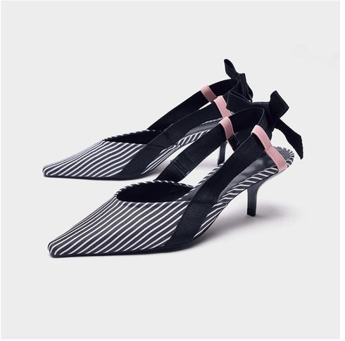 Boussac Stripe Kitten Heel Women Mules Pointed Toe Bowtie Women Sandals High Heels Summer Slip on Shoes Women SWC0112 - ROUTINE FASHION