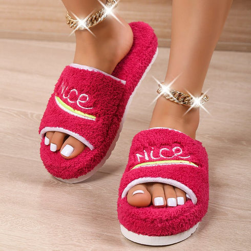 Peep Toe House Slippers For Women Winter Furry Shoes - ROUTINE FASHION