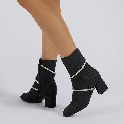 Chunky Mid Heel Boots With Rhinestone Chain Design Shoes For Women - ROUTINE FASHION