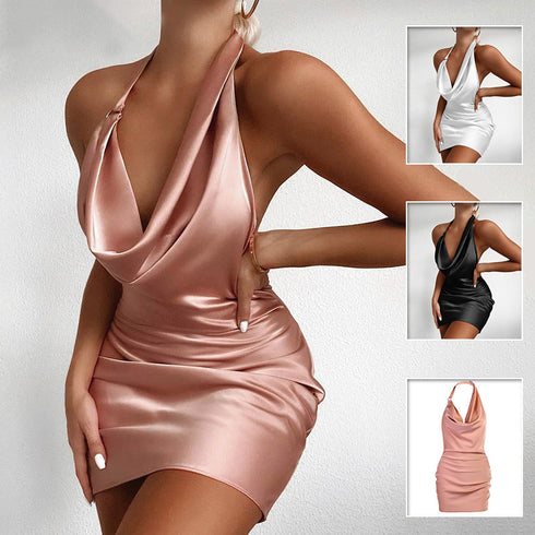 Satin Party Dress V Neck Backless Mini Sleeveless Summer Party Dress - ROUTINE FASHION