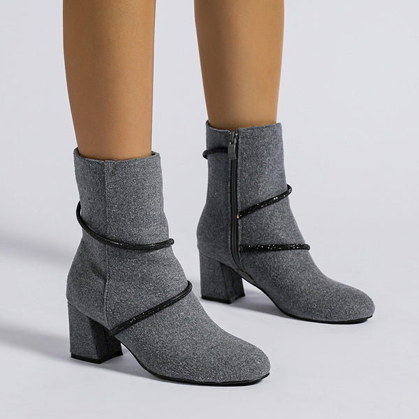 Chunky Mid Heel Boots With Rhinestone Chain Design Shoes For Women - ROUTINE FASHION