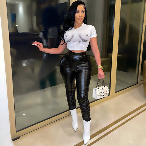 Skinny Pleated Pu Leather Pants Trousers - ROUTINE FASHION