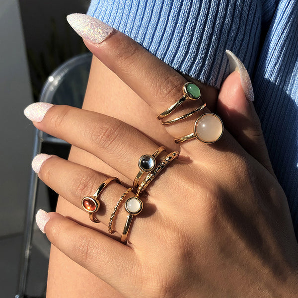 Colorful Stone Metalic Finger Rings Joint Combination Rings For Women Girl Rings - ROUTINE FASHION