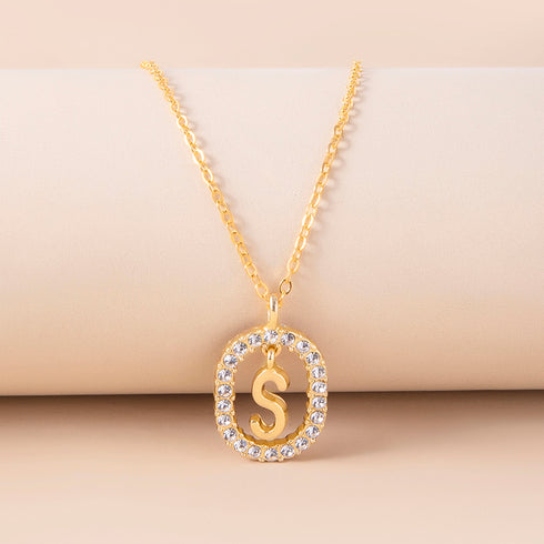 Crystal Letter Necklace Gold Name Initial Alphabet Oval Pendant Necklaces For Women - ROUTINE FASHION
