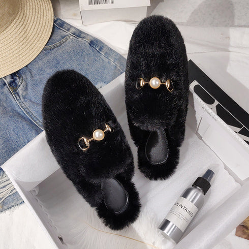 Fur Half Slippers Female Baotou Lazy People Wear Mules Outside - ROUTINE FASHION
