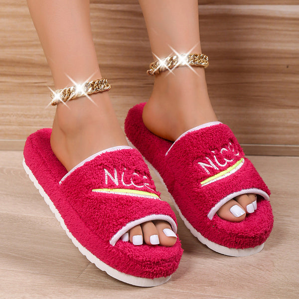 Peep Toe House Slippers For Women Winter Furry Shoes - ROUTINE FASHION