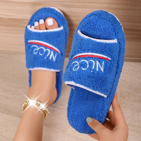 Peep Toe House Slippers For Women Winter Furry Shoes - ROUTINE FASHION