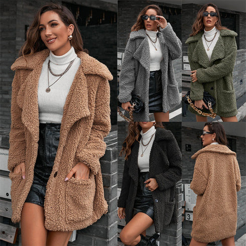 Single Breasted Bubble Fleece Jacket Loose Lapel Lamb Fleece Trench Coat - ROUTINE FASHION