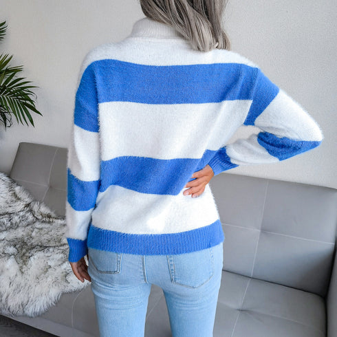 High Neck Long Sleeve Striped Mohair Knitted Jumper - ROUTINE FASHION