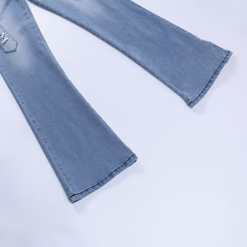 Cutout Statement Strapping Straight Leg Flared Jeans - ROUTINE FASHION