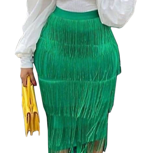 High Waist Patchwork Tassel Skirt Slim Wrap Hip Skirt - ROUTINE FASHION