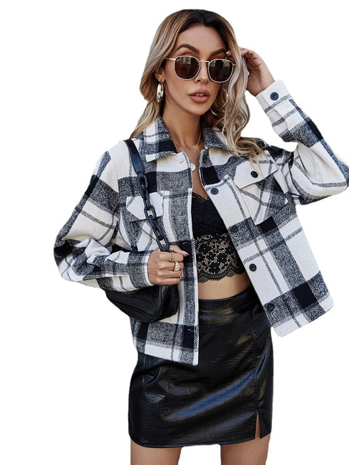 Single-breasted Woolen Plaid Short Coat Women - ROUTINE FASHION