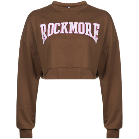 Harajuku Letter Printed Brown Cropped Sweatshirt Women Tops - ROUTINE FASHION