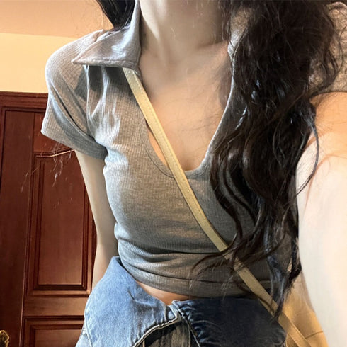 Grey Polo Collar Short Sleeve T-shirt Women Slimming Top - ROUTINE FASHION