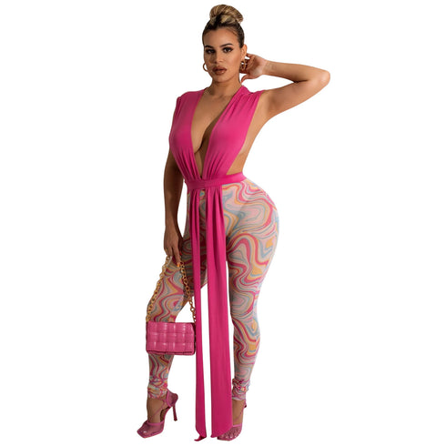 Ladies Fashion Mesh Print Trousers Two Piece Set Women - ROUTINE FASHION