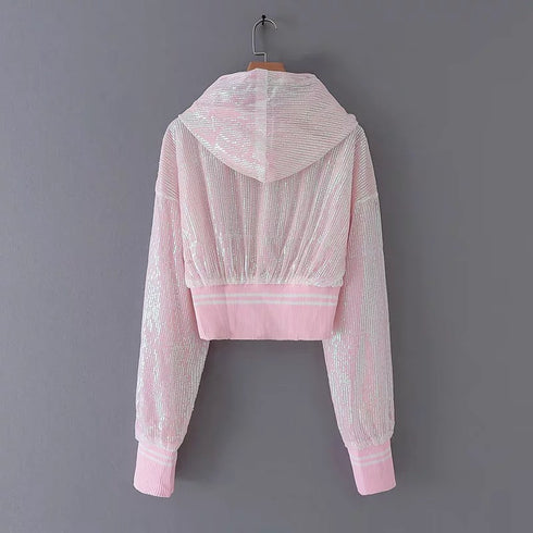 Black And Silver Women's Coat Sequins Zipper Sweet Long-sleeved Short Coat Women - ROUTINE FASHION