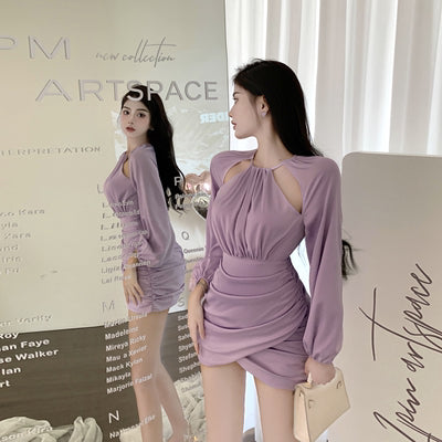 Purple Satin Dress Bag Hip Skirt Irregular Hollowed Out Hanging Neck - ROUTINE FASHION