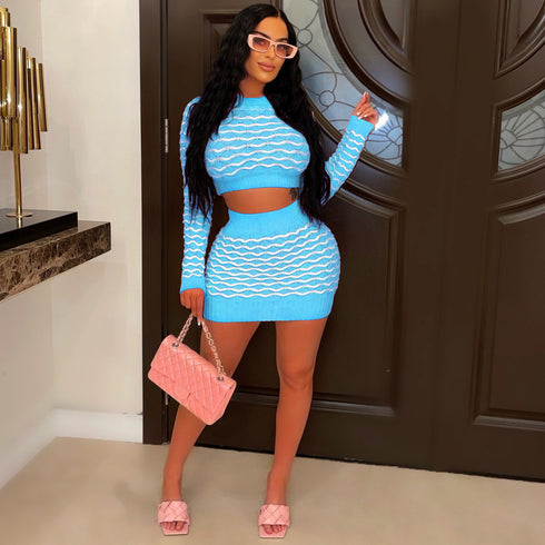 Women's Round Neck Wool Woven Hip Wrap Skirt Suit - ROUTINE FASHION