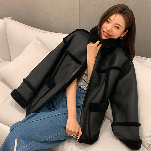 Lambswool Fashion Leather Coat Patchwork Short Section Women - ROUTINE FASHION