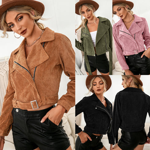 Corduroy Casual Side Zip Short Jacket Coat Top Women - ROUTINE FASHION