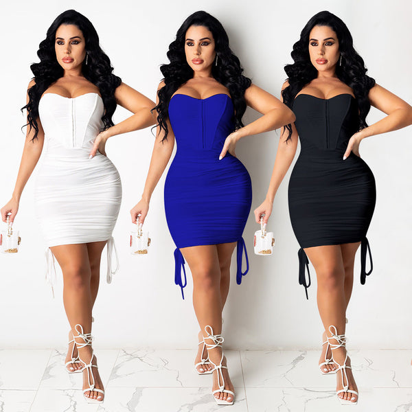Sexy Pleated Ladies Wrap Hip Skirt Wrap Breast Dress - ROUTINE FASHION
