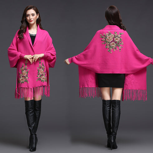 Shawl Women Embroidered Outer Cape Cloak Thick Sweater Coat - ROUTINE FASHION