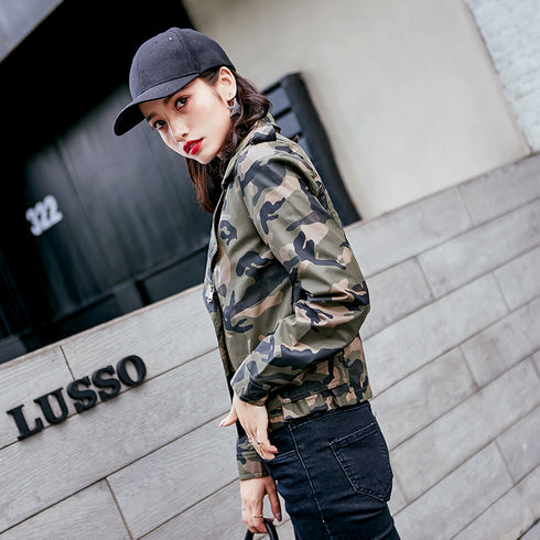 Lapel Short Camouflage Leather Bomber Jacket - ROUTINE FASHION