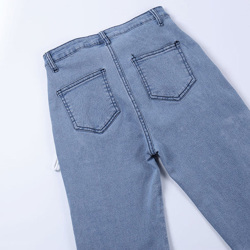 Cutout Statement Strapping Straight Leg Flared Jeans - ROUTINE FASHION